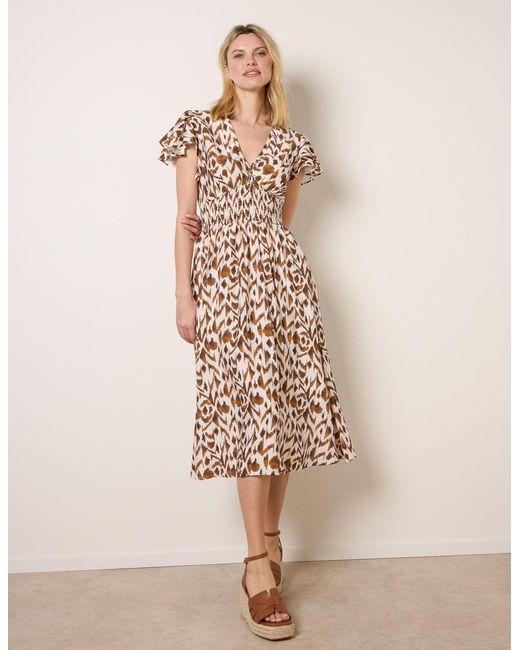 Blue Vanilla Natural Printed V Neck Frill Sleeve Midi Dress