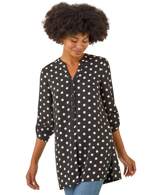 Roman Black Spot Print Longline Buttoned Blouse