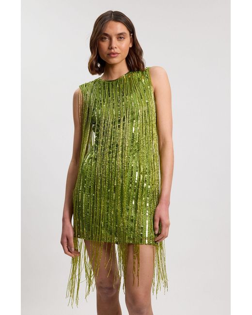 Karen Millen Green Beaded Fringed Sleeveless Woven Midi Dress