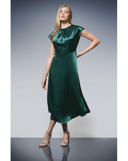 PRINCIPLES Green Twist Neck Asymmetric Hem Satin Midi Dress