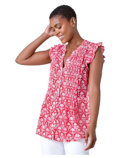 Roman Pink Floral Print V-Neck Frill Sleeve Blouse
