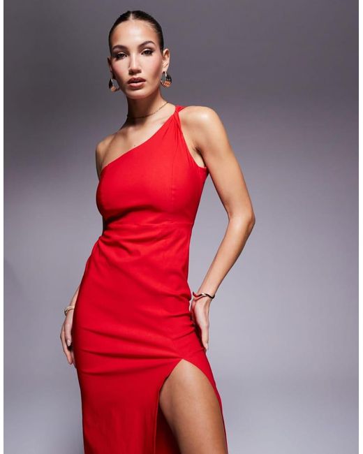 Vesper Red Bengaline Asymmetric Backless Maxi Dress With Thigh Split