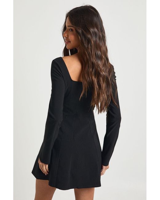 Boohoo Black Bengaline Square Neck Godet Hem Skater Dress