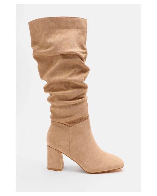 Quiz Natural Faux Suede Ruched Heeled Boots