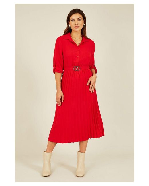Mela London Red Pleated Skirt Midi Dress With Buckle