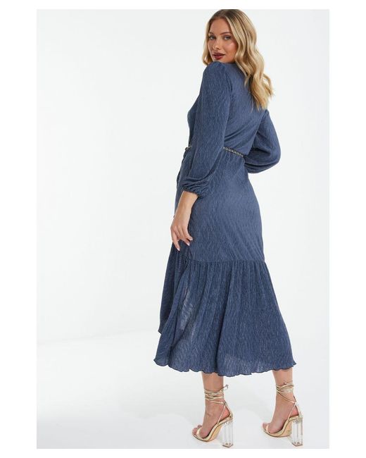 Quiz Blue Textured Long Sleeve Midi Dress