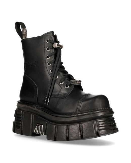 New Rock Black Leather Combat Tower Boots- M-Newmili083-S21
