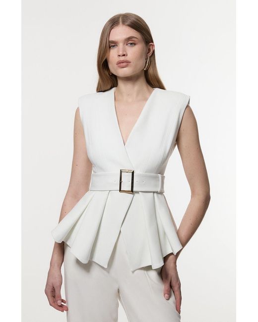 Karen Millen White Compact Stretch Belted Peplum Sleeveless Tailored Jacket