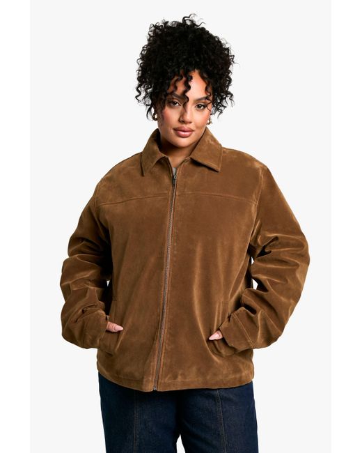 Boohoo Brown Plus Suede Collared Relaxed Jacket