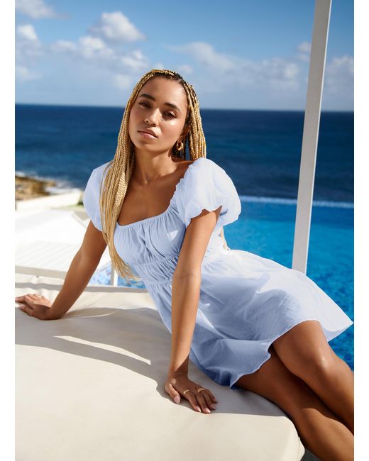Pink Vanilla Blue Puff Sleeve Romper Dress