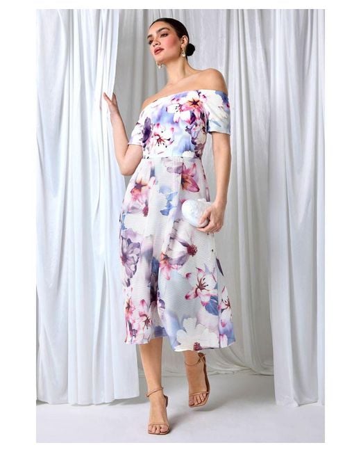 Ariella White Floral Print Premium Stretch Bardot Dress