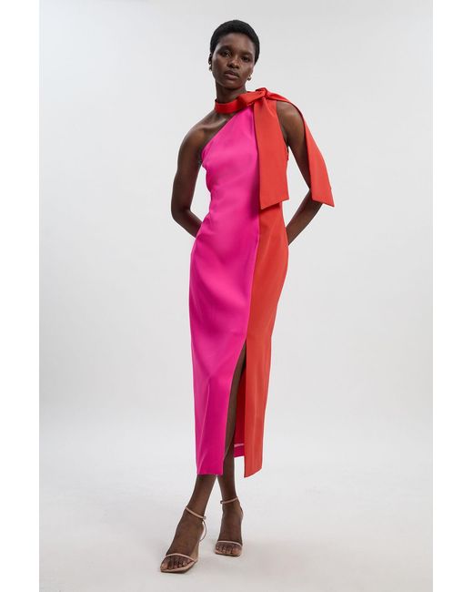 Karen Millen Soft Tailored Colour Block Bow Tie Neck Midi Dress