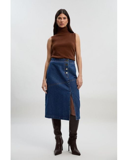 Karen Millen Blue Denim Asymmetric Button Front A Line Skirt