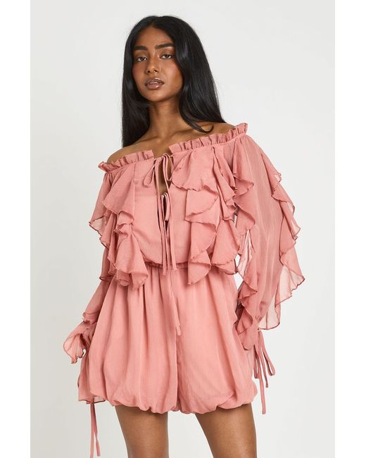 Boohoo Pink Bardot Ruffle Detail Textured Chiffon Playsuit