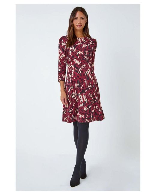 Roman Red Abstract Ruched Stretch Jersey Dress