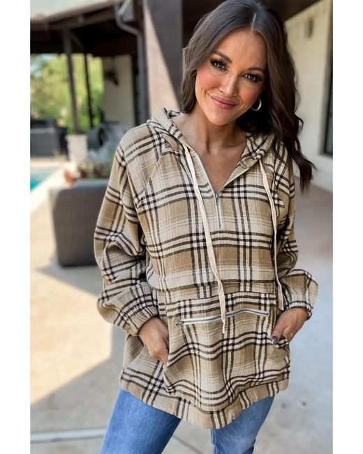 Azura Exchange Green Printed Zipped Front Pullover Plaid Hoodie