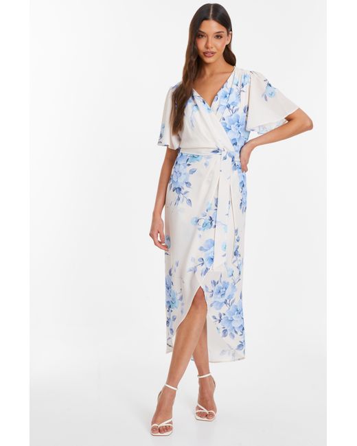 Quiz Blue Floral Wrap Midi Tie Dress