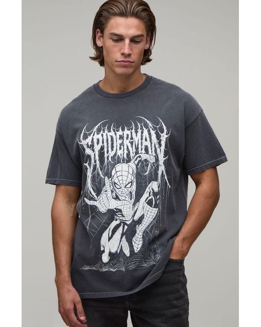BoohooMAN Gray Washed Oversized Spiderman Gothic License Print T-Shirt for men