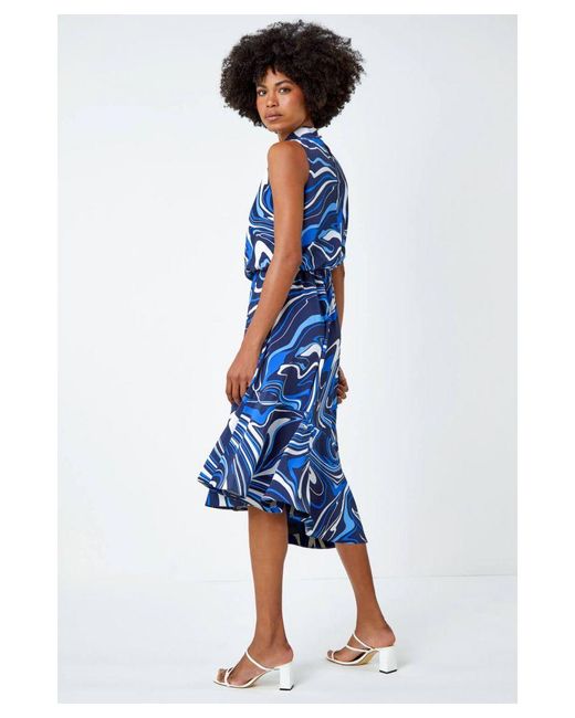 Roman Blue Sleeveless Swirl Print Midi Dress