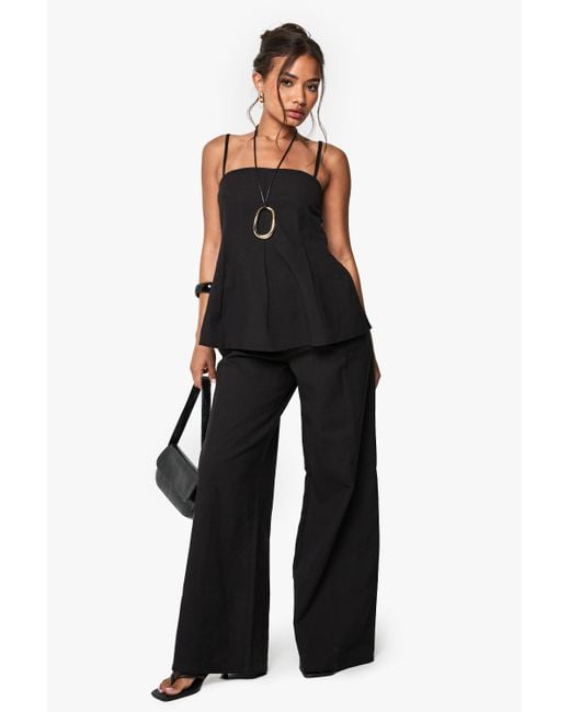 Boohoo Black Linen Look Pleated Square Neck Cami Top And Wide Leg Pants Co-Ord