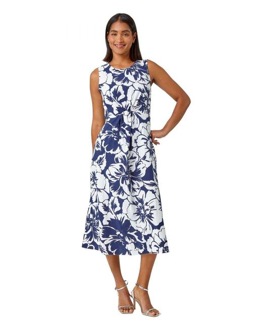Roman Blue Sleeveless Cotton Blend Floral Midi Dress