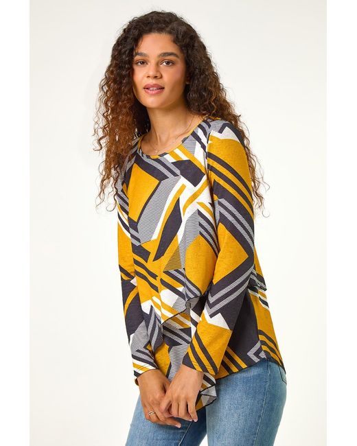 Roman Orange Geometric Print Wrap Tunic Stretch Top