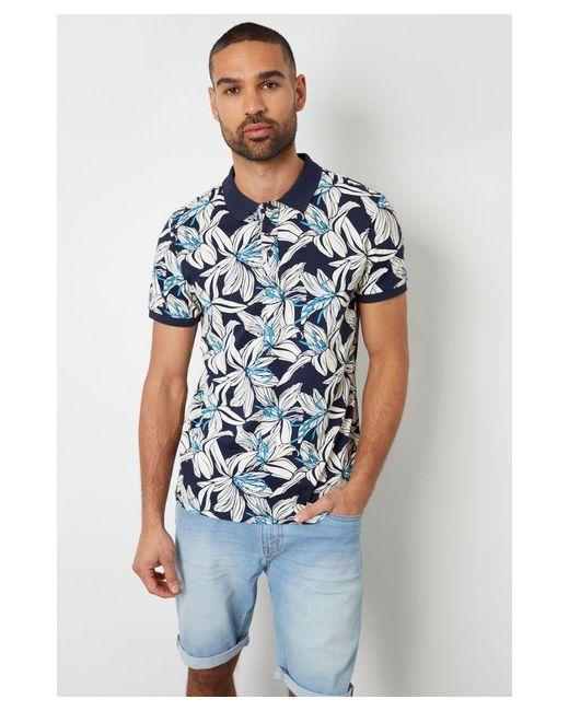 Threadbare Blue 'Clooney' Floral Print Cotton Jersey Polo Shirt for men