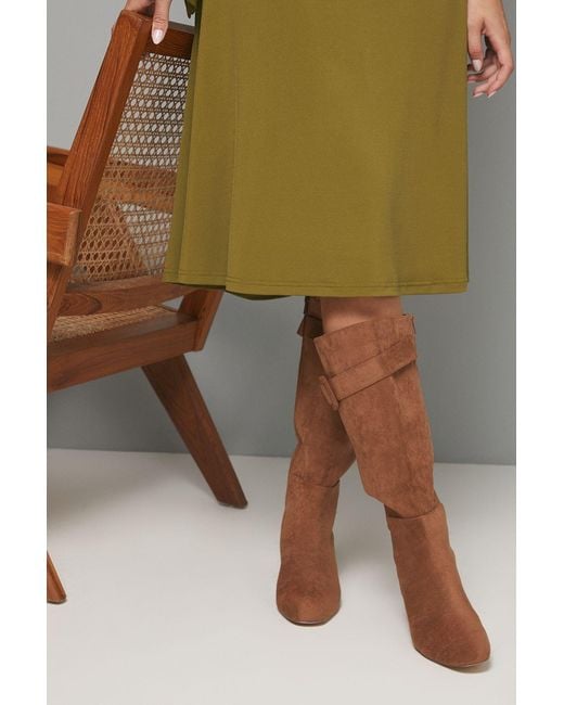 Wallis Green Hawthorn Faux Suede Covered Buckle Detail Square Toe Medium Block Heel Knee Boots