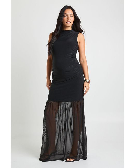 Boohoo Black Maternity Ruched Body And Mesh Skirt Maxi Dress