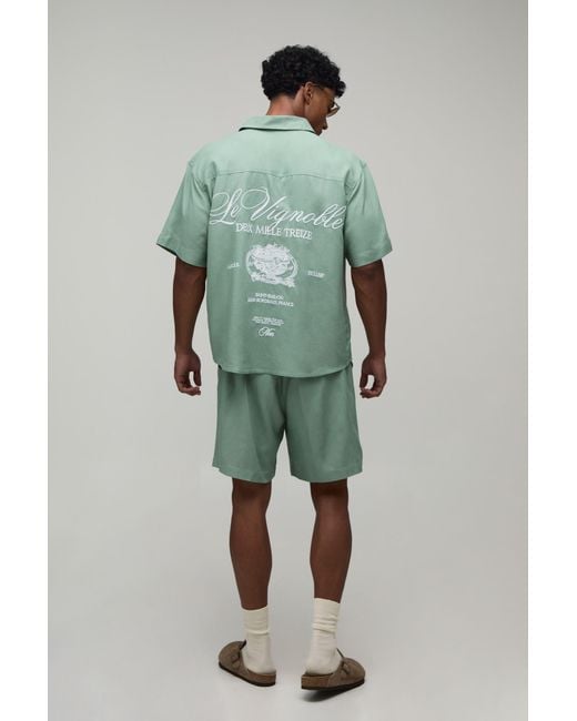 BoohooMAN Green Back Embroidered Linen Look Oversized Shirt & Short Set for men