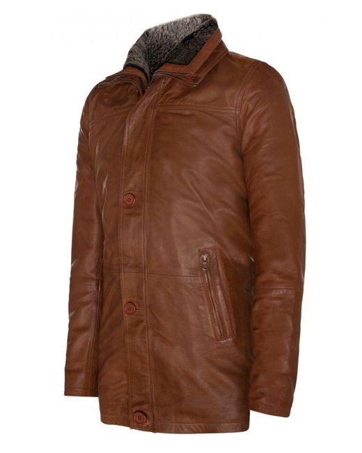 Infinity Leather Brown Removable Collar Mid Length Warm Jacket for men