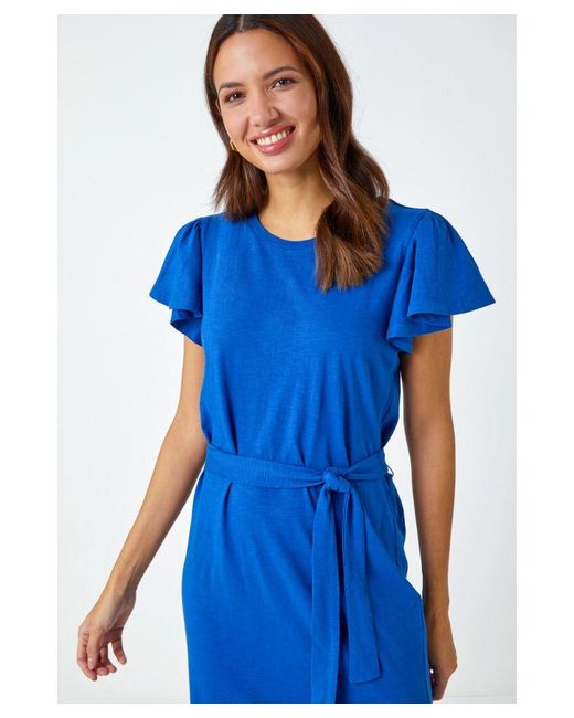 Roman Blue Ruffle Sleeve Belted Cotton Midi Dress