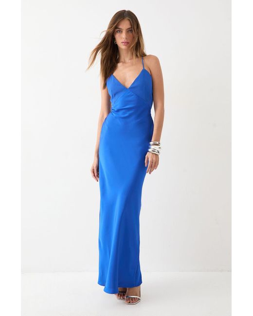 MissPap Blue Premium Bust Panel Satin Bias Maxi Dress