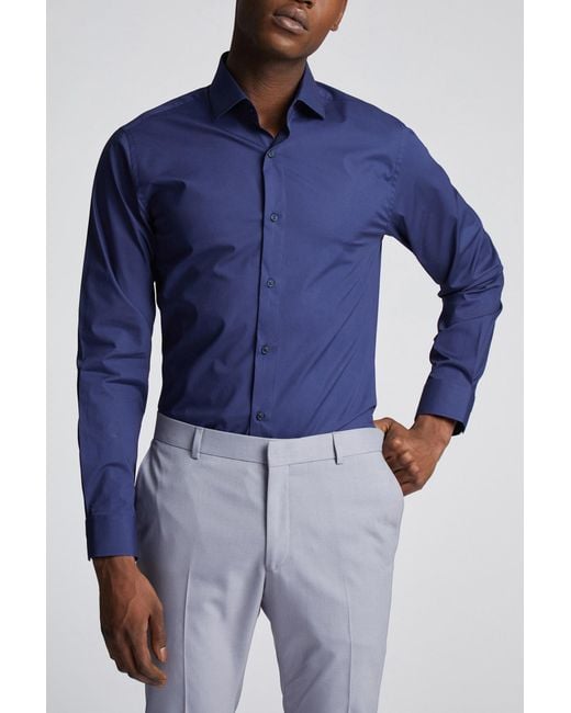 Limehaus Blue Slim Fit Poplin Single Cuff Cutaway Collar Shirt for men