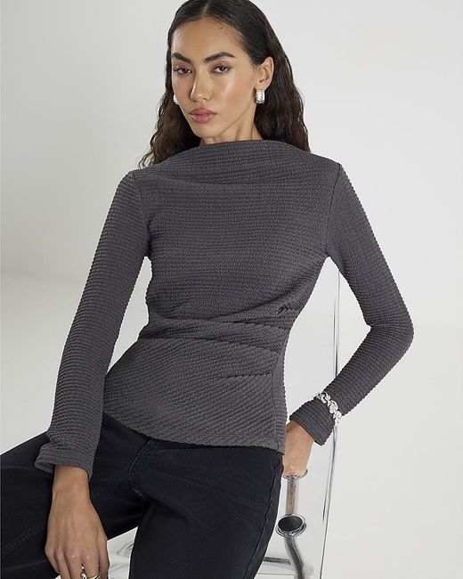 River Island Gray Drape Top Long Sleeve Waffle Textured