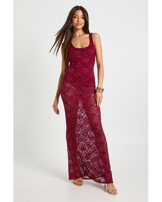 Boohoo Red Lace Scoop Neck Sheer Skirt Maxi Dress