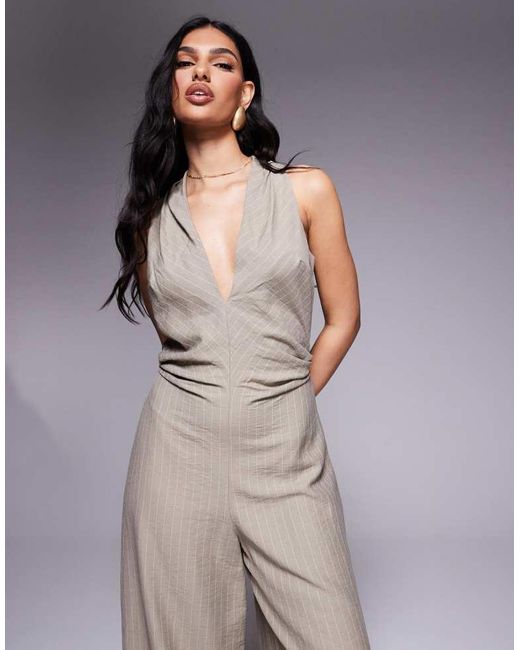 ASOS Gray Ruched Waist Detail V Neck Jumpsuit