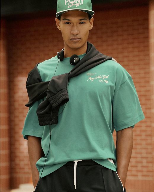 River Island Green T-Shirt Oversized Script Embroidered Graphic Cotton for men