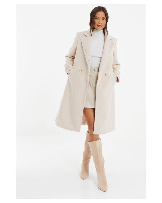 Quiz White Cream Stud Trim Tie Belt Coat