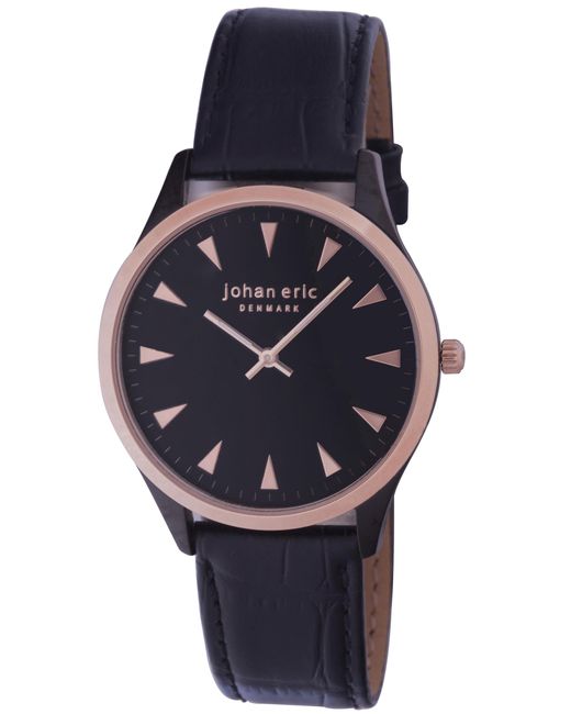 Johan Eric Black Helsing¸R, Dial Watches W Triangular Rose Tone Hr-Markers, Ip Case W Ip Bezel Ring & Crown, Calfskin Band Leather for men