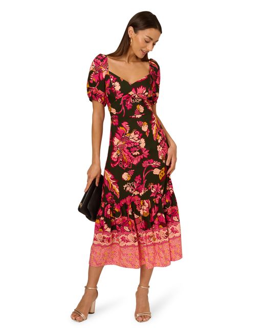 Adrianna Papell Red Printed Puff Sleeve Midi Dress