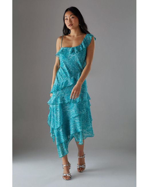 Warehouse Blue Petite Chiffon Asymmetric Hem Ruffle Midi Slip Dress
