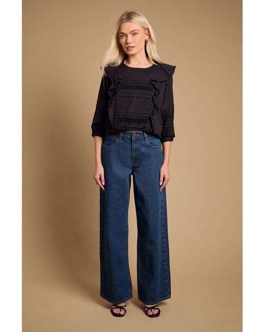 Oasis Blue Trim Detail Frill Shoulder Crew Neck Blouse