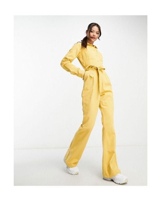 ASOS Long Sleeve Twill Boilersuit With Collar in Yellow | Lyst UK