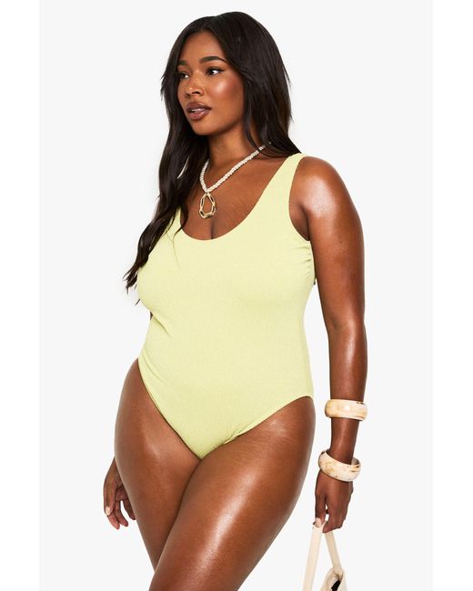Boohoo Green Plus Swimwear Essentials Crinkle Scoop Neck Swimsuit