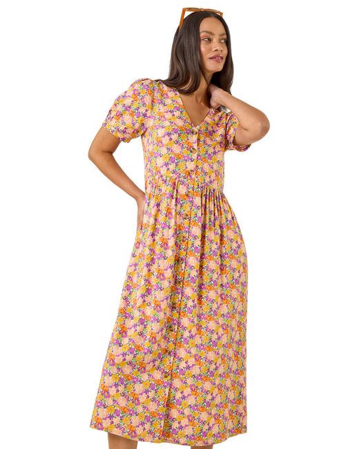 D.u.s.k Yellow Ditsy Floral Buttoned Midi Dress
