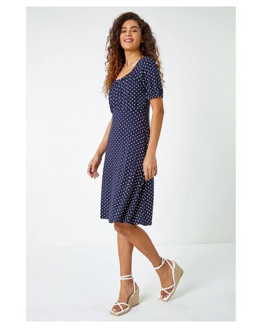 Roman Blue Polka Dot Print Stretch Dress