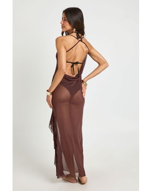 Boohoo Brown Sheer Mesh Low Back Split Detail Maxi Beach Dress