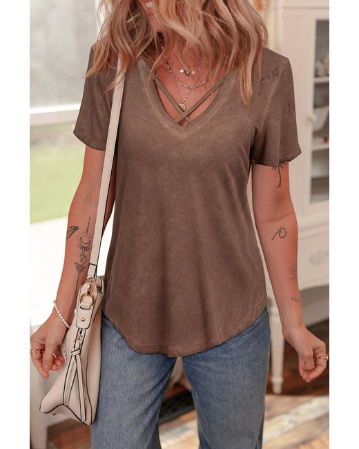 Azura Exchange Brown Crisscross Vneck Relaxed Tee