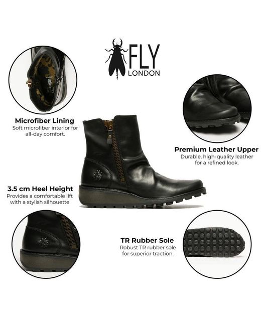 Fly London Black Leather Wedge Ankle Boots